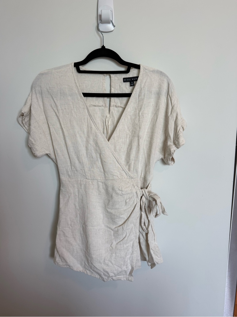 Lightweight Linen Cream/Tan Wrap Tie-Waist Swim Coverup Romper